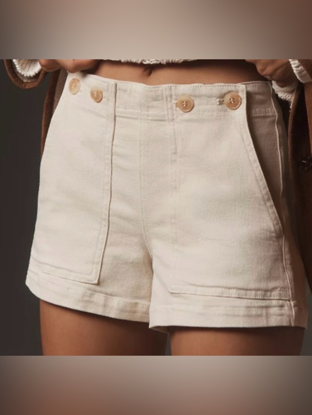 Anthropologie Cream High-Waist Tailored Shorts with Rear Belt Detail